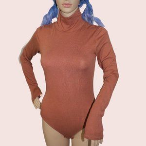 Everlane Turtleneck Bodysuit Super Soft Ribbed Brown Long Sleeve Small Orange